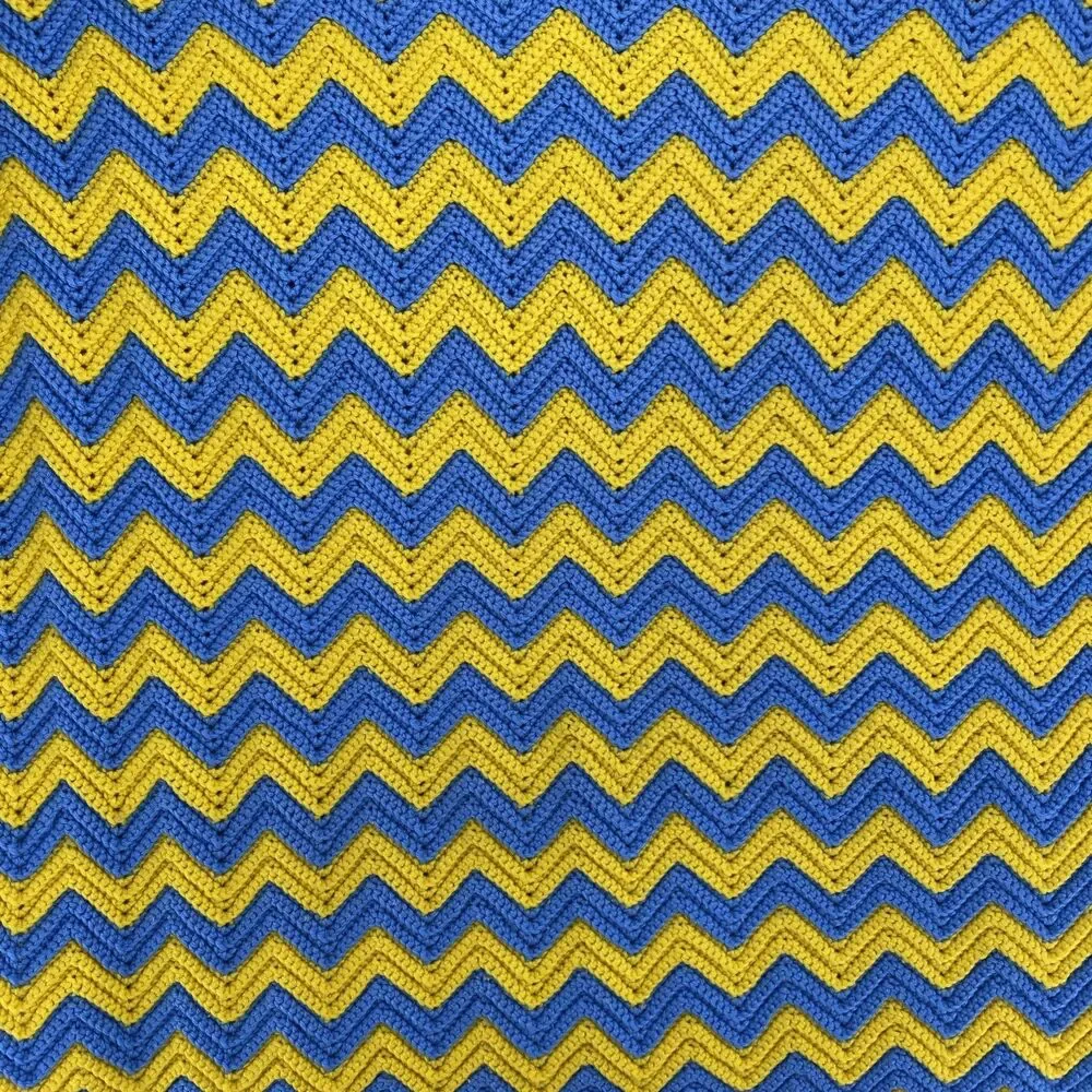 Vintage Chevron Crochet Afghan Blanket Yellow Blue Zig Zag 36x75 Throw Handmade